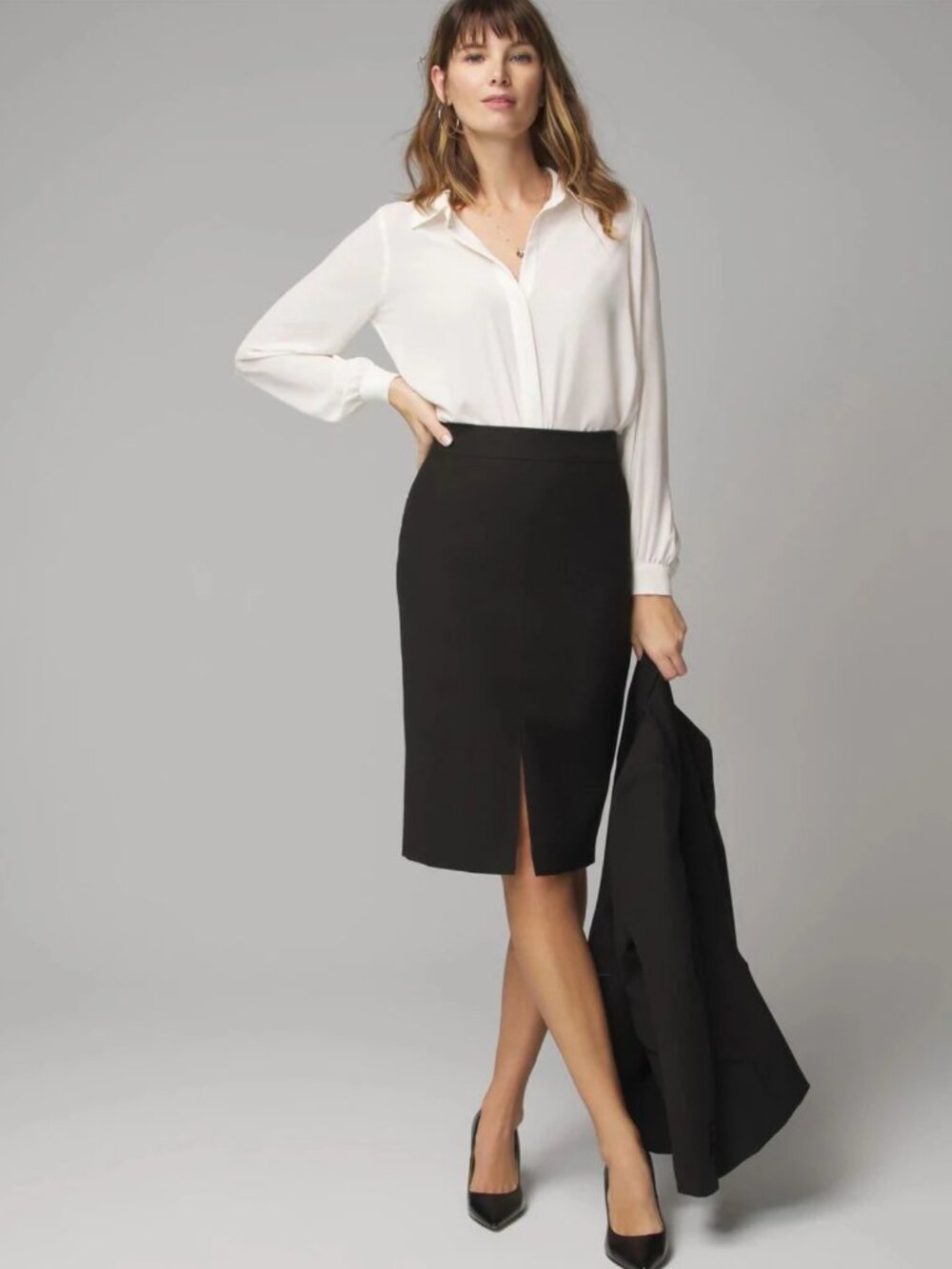WHBM comfort stretch lined front slit professional black pencil skirt 4